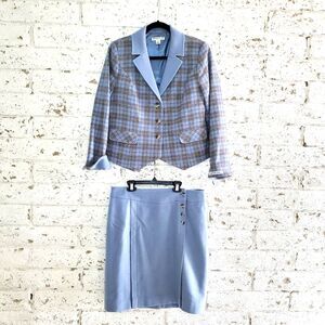 VTG PENDLETON Wool Skirt & Blazer LIGHT Blue Grey Plaid Jacket Petite Preppy 12P